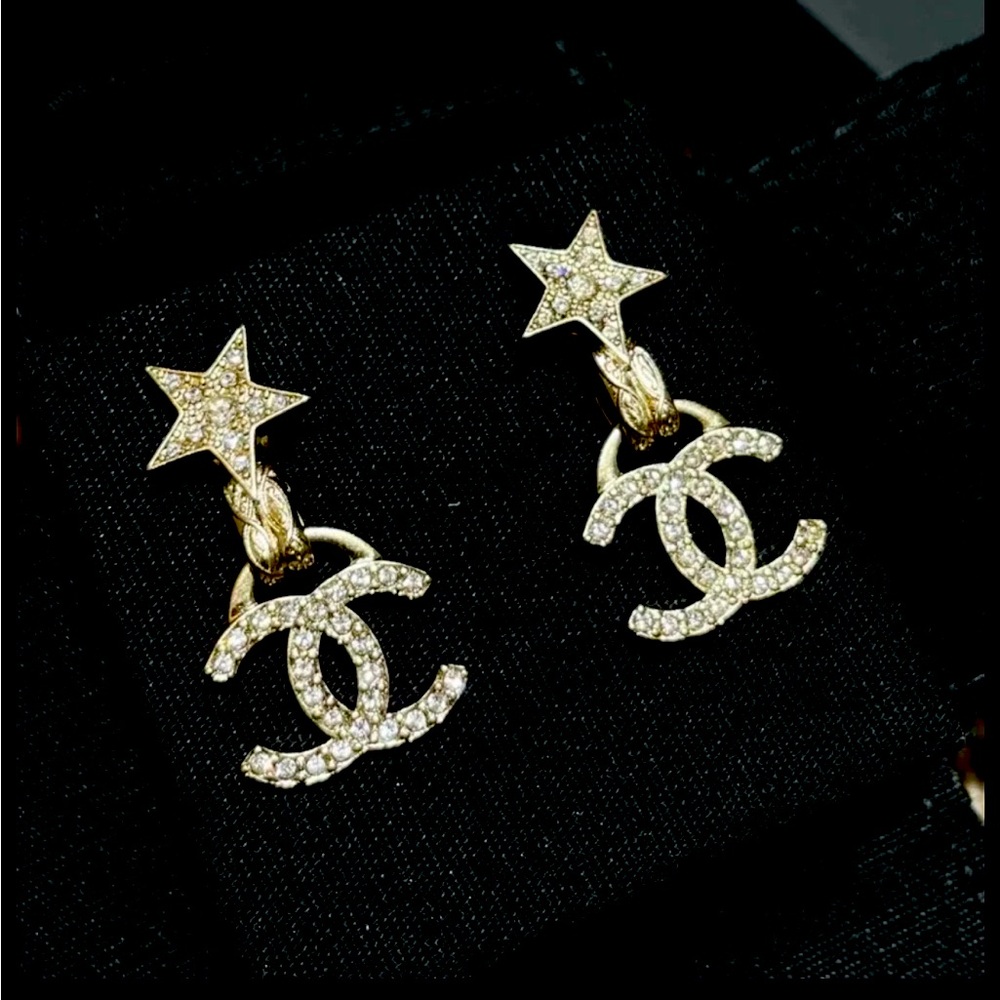 Chanel Star Drop Earrings with Crystal CC Logo Beige Gold Hardware NWB
